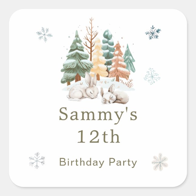Cute Winter Rabbits Birthday Party Square Sticker (Front)