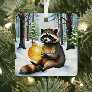 Cute Winter Raccoon with Gold Ornament Christmas