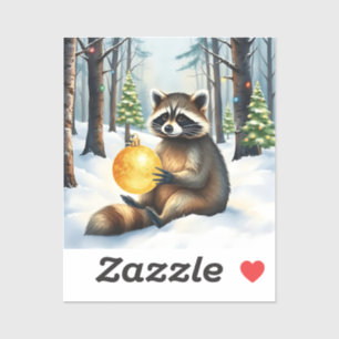 Cute Winter Raccoon with Gold Ornament Christmas