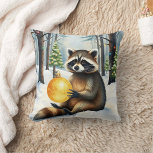 Cute Winter Raccoon with Gold Ornament Christmas Cushion