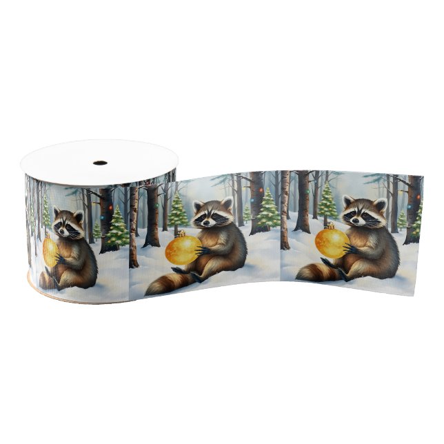 Cute Winter Raccoon with Gold Ornament Christmas Grosgrain Ribbon (Spool)