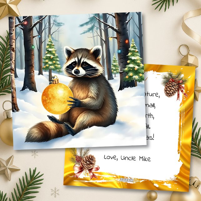 Cute Winter Raccoon with Gold Ornament Christmas Holiday Card (Creator Uploaded)