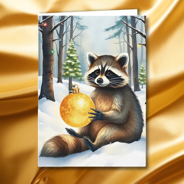 Cute Winter Raccoon with Gold Ornament Christmas Holiday Card (Creator Uploaded)