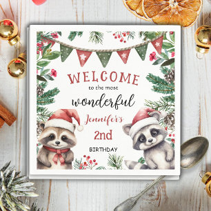 Cute Winter Racoon Christmas 2nd Birthday Napkin
