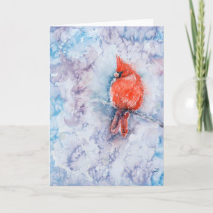 Cute Winter Red Cardinal Bird on Tree Watercolor Holiday Card