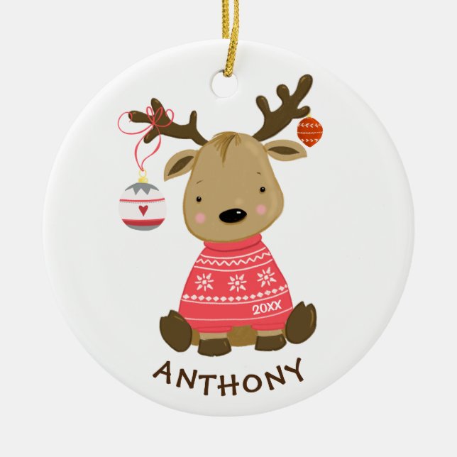 Cute Winter Reindeer Christmas Ornament (Front)