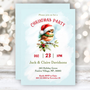 Cute Winter Robin Bird Santa Hat Christmas Party Invitation