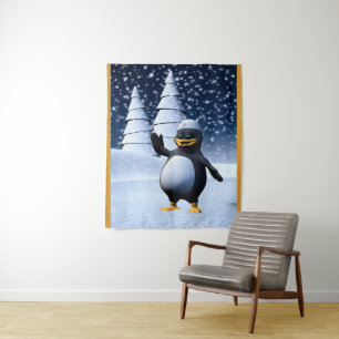 Cute Winter Sailor Penguin Snowy Holiday Art Tapestry