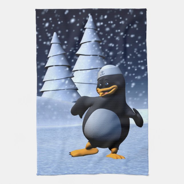 Cute Winter Sailor Penguin Snowy Holiday Art Tea Towel (Vertical)
