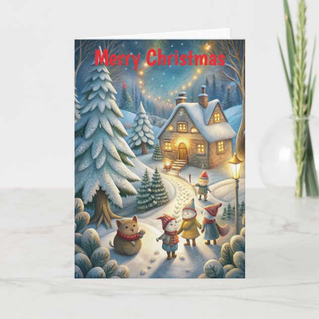 Cute Winter Scene at Christmas Holiday Card (Front)