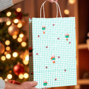 Cute Winter Sheep & Acorns on Mint Grid- Christmas Medium Gift Bag