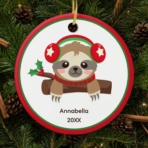 Cute Winter Sloth Personalized Kids Christmas Ceramic Ornament