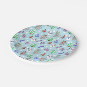 Cute Winter Snow Cat Hand Drawn Doodles Pattern Paper Plate