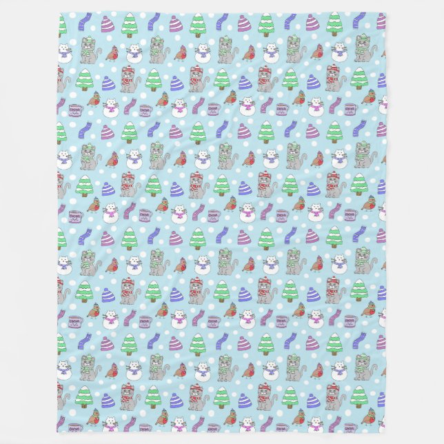 Cute Winter Snow Cat Pattern Fleece Blanket (Front)
