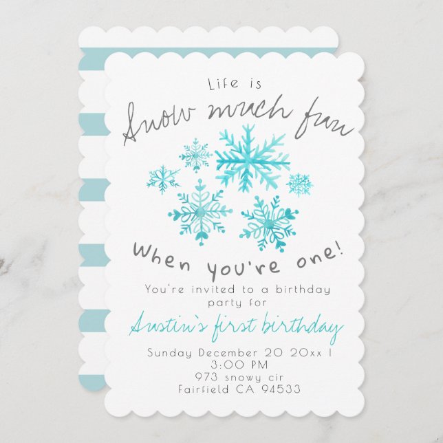Cute winter snowflake first birthday invite (Front/Back)