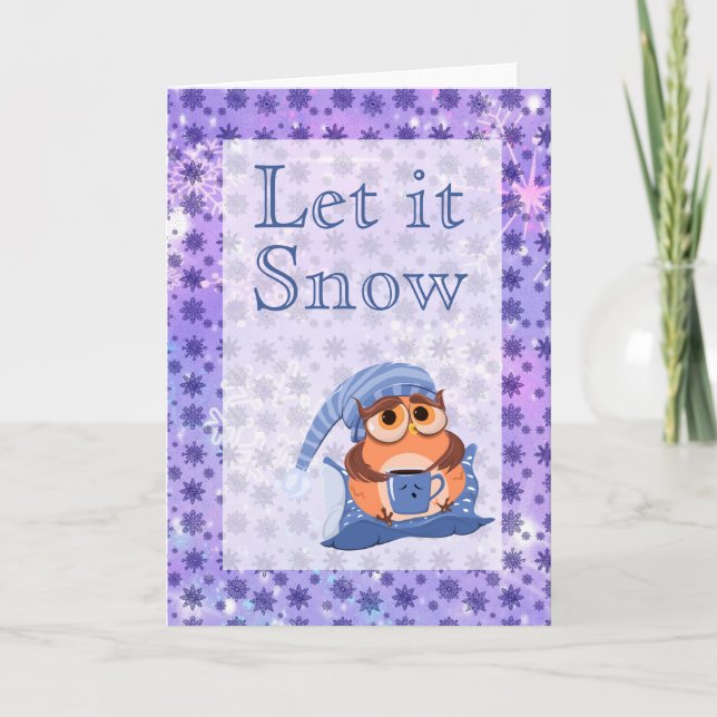 Cute Winter Snowflakes Blue Baby Owl Cap Holiday Card (Front)
