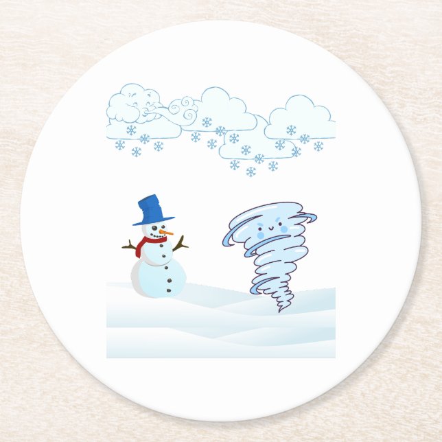Cute winter snowman and wind round paper coaster (Front)