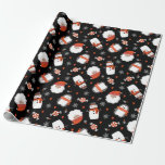 Cute Winter Snowman Christmas Pattern  Wrapping Paper<br><div class="desc">A cute penguin with a red scarf,  a santa face,  a snowman,  christmas peppermint candy and snowflakes on a black background decorates this Christmas wrapping paper. A whimsical,  fun pattern for your Christmas presents. Available in other colours. Designed for you by Blackberry Boulevard.</div>