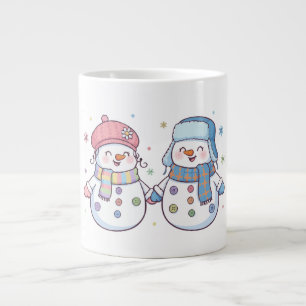 Cute Winter Snowman Couple Holding Hands Large Coffee Mug