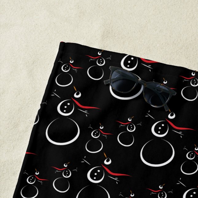 Cute Winter Snowman Pattern Black Beach Towel (In Situ)