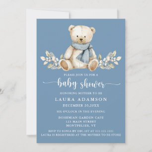 Cute Winter Teddy Bear Baby Shower Blue Invitation
