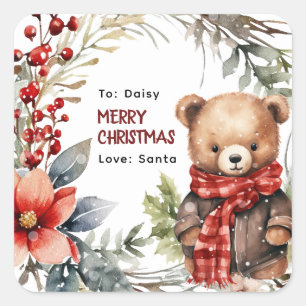Cute Winter Teddy Bear Kids Christmas Gift Square Sticker