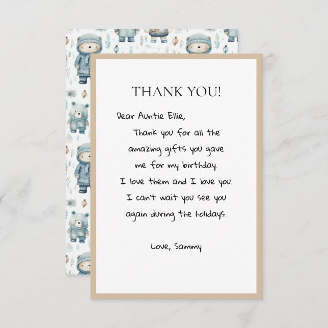 Cute Winter Teddy Bear Pattern Thank You Card (Front/Back)