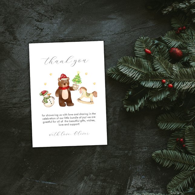 Cute Winter Teddy Bear Snowman Toys Baby Shower Thank You Card (Cute Winter Teddy Bear Snowman Toys Baby Shower Thank You Card)