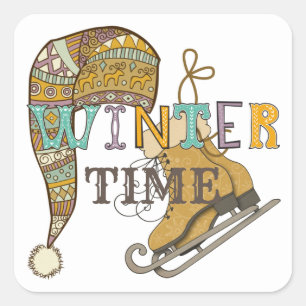 Cute winter time ice skates knit hat whimsical  square sticker