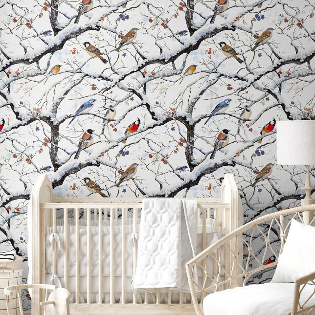 Cute Winter Tree Birds Berries Nature Nursery Room Wallpaper (Cute Winter Tree Birds Berries Nature Nursery Room Wallpaper)