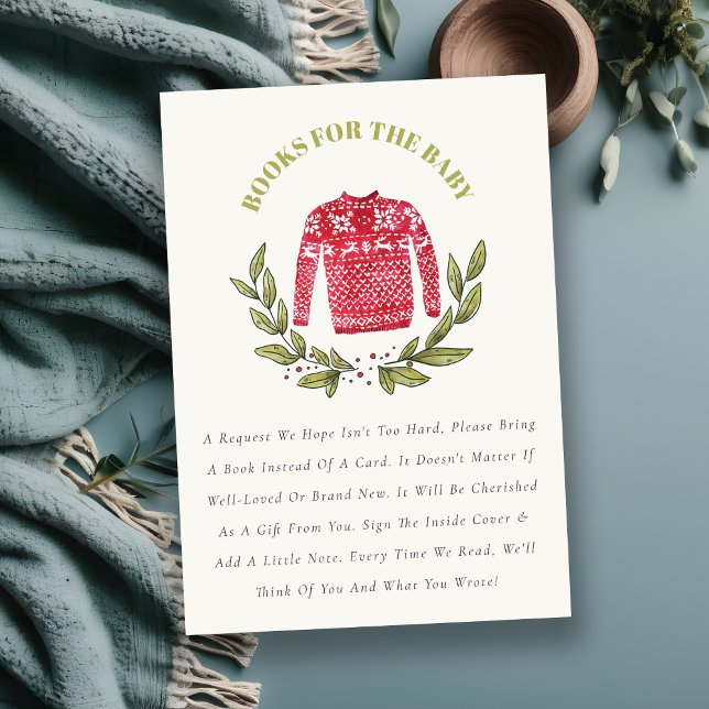 Cute Winter Ugly Sweater Red Books For Baby Shower Enclosure Card (Creator Uploaded)