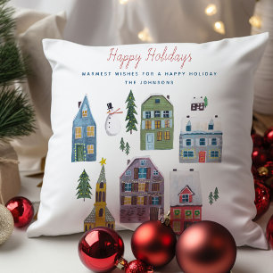 Cute Winter Village Houses Christmas Holiday  Cushion