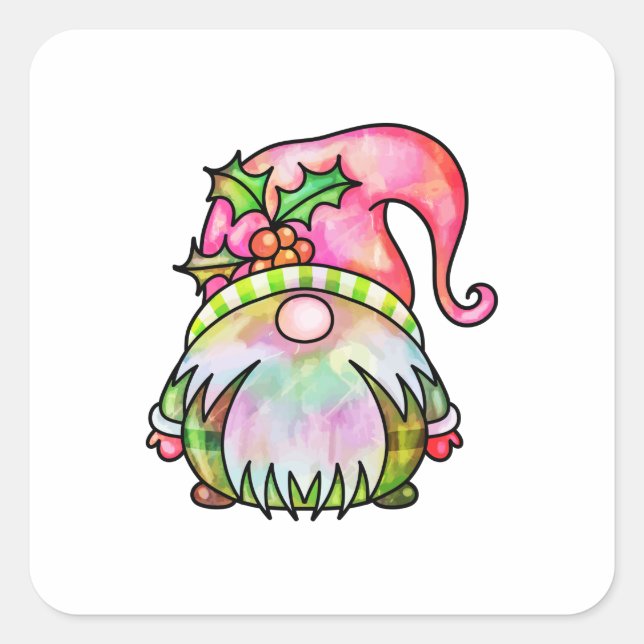 Cute Winter Watercolor Christmas Garden Gnome Square Sticker (Front)