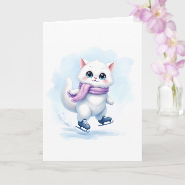 Cute Winter White Kitten Ice Skating Blank Folded Card (Orchid)