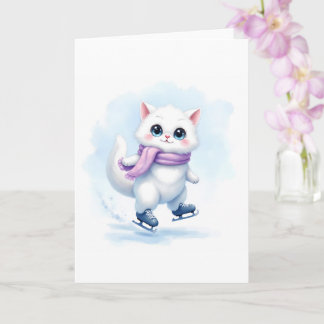 Cute Winter White Kitten Ice Skating Blank Folded Card