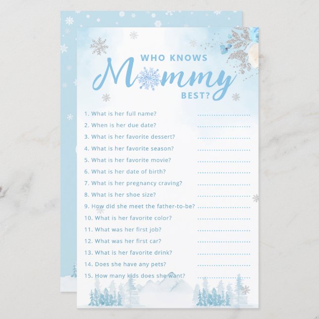 Cute Winter Who Knows Mummy Best Baby Shower Game (Front/Back)