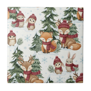 Cute Winter Woodland Animals Christmas Pattern Ceramic Tile
