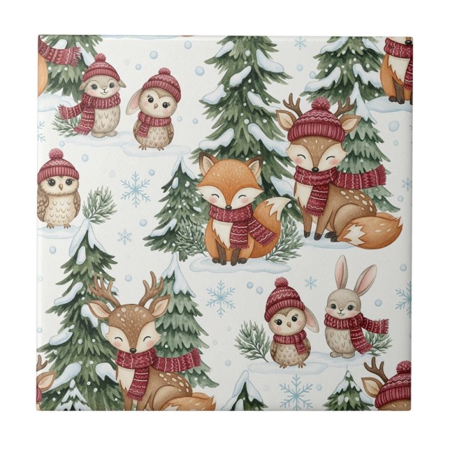 Cute Winter Woodland Animals Christmas Pattern Ceramic Tile (Front)