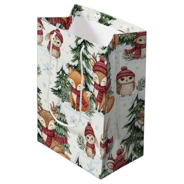 Cute Winter Woodland Animals Christmas Pattern Medium Gift Bag (Front Angled)