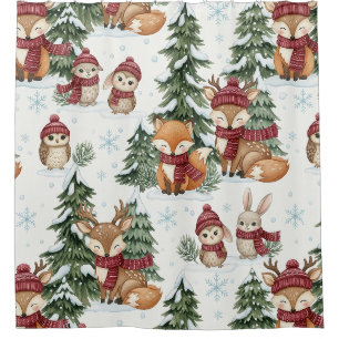 Cute Winter Woodland Animals Christmas Pattern Shower Curtain