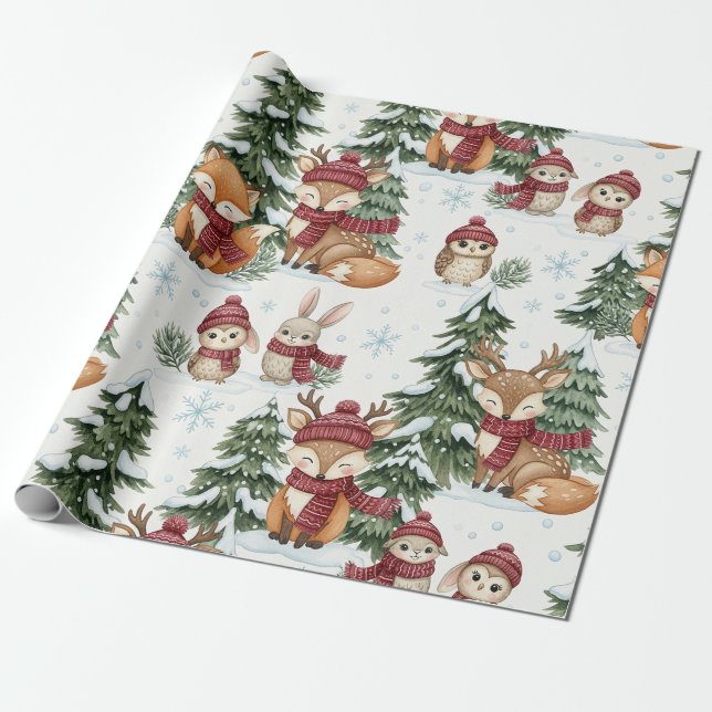 Cute Winter Woodland Animals Christmas Pattern Wrapping Paper (Unrolled)