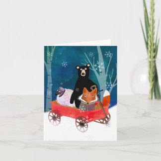 Cute Winter Woodland Animals in Wagon BLANK Card