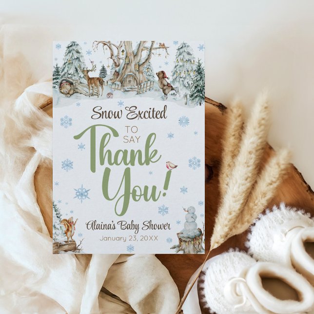 Cute Winter Woodland Animals Snowflake Baby Shower Thank You Card (Cute Snow Excited to say Thank You mommy-to-be name baby shower thank you card, winter animals)