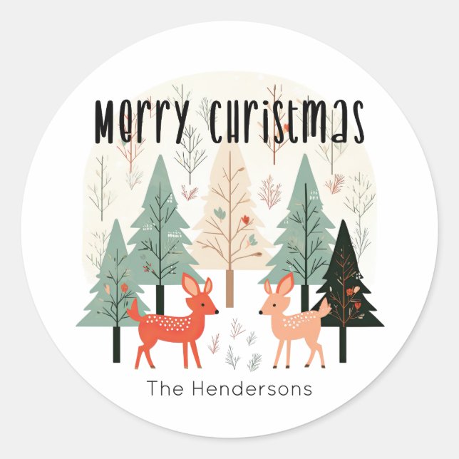 Cute Winter Woodland Family Christmas  Classic Round Sticker (Front)