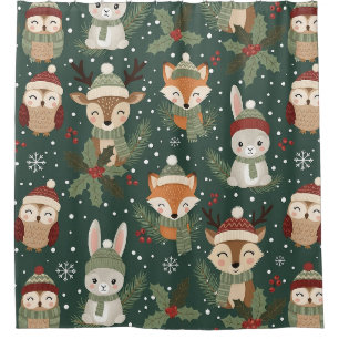 Cute Winter Woodland Friends – Holiday Animal Shower Curtain