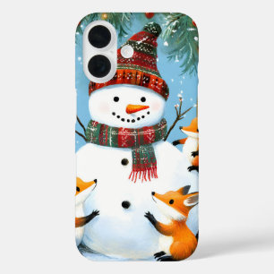 Cute Winter Woodland Snowman Foxes iPhone 16 Case
