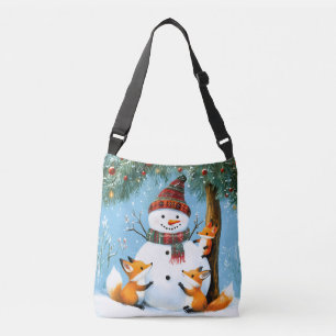 Cute Winter Woodland Snowman Foxes Crossbody Bag