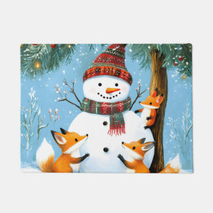 Cute Winter Woodland Snowman Foxes Doormat