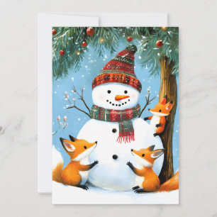 Cute Winter Woodland Snowman Foxes Holiday Card