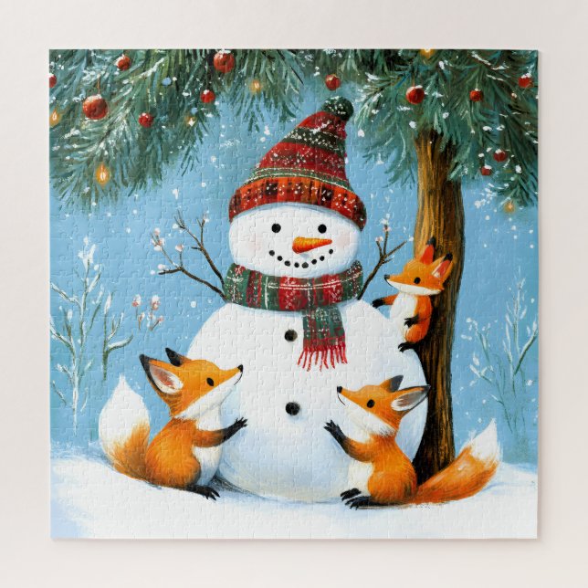 Cute Winter Woodland Snowman Foxes Jigsaw Puzzle (Vertical)